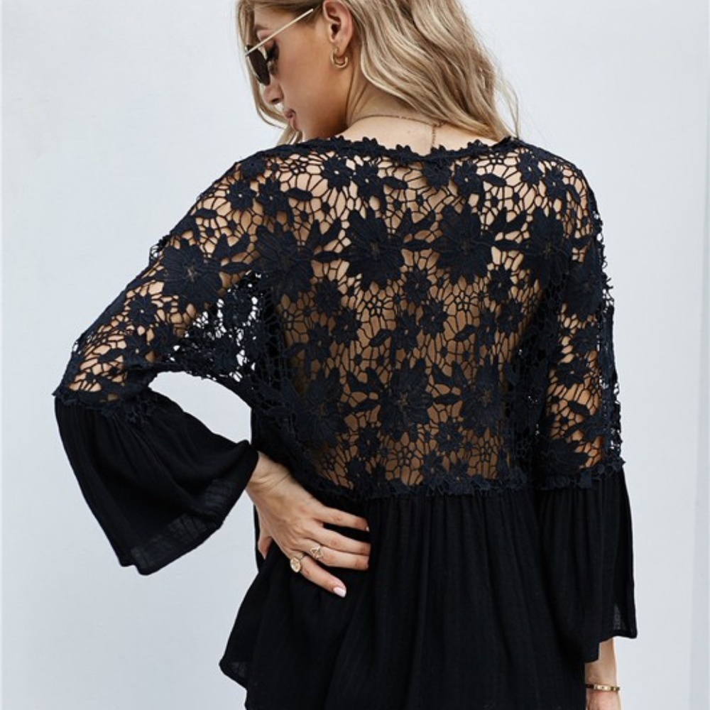 Boho Floral Embroidered Crochet Lace Button Up top - Picture 3 of 6